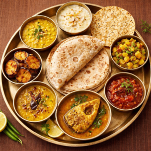 Roti, Dal, Bhaja, Rui macher jhol, Bishesh sabji, Chutney, Papad, Sweet/ Payesh