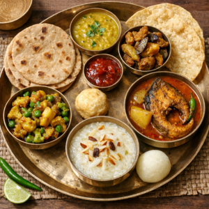 Roti, Dal, Bhaja, Katla macher jhol, Bishesh sabji, Chutney, Papad, Sweet/ Payesh