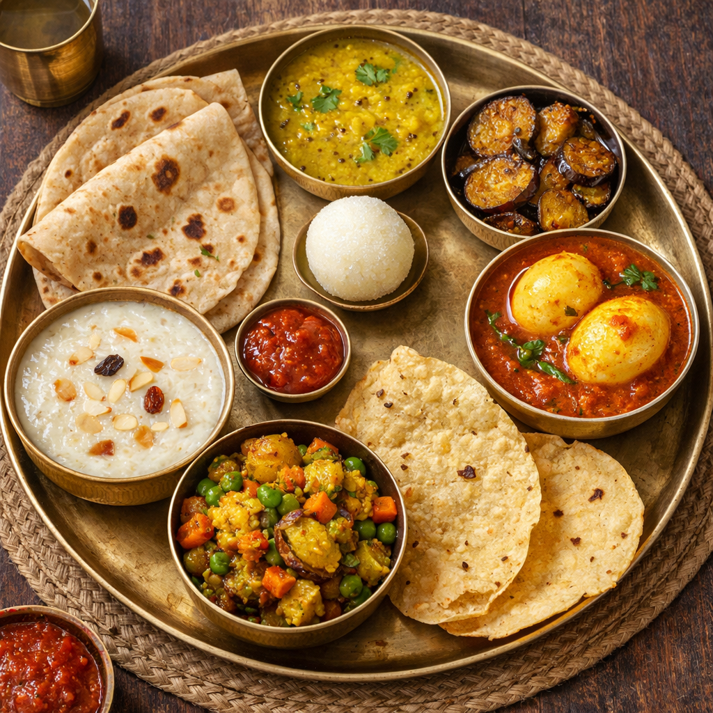 Roti, Dal, Bhaja, Dimer jhol , Bishesh sabji, Chutney, Papad, Sweet/ Payesh