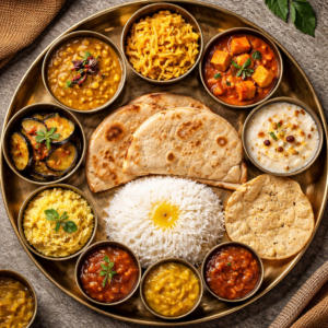 Roti, Dal, Bhaja, Sabji, Bishesh sabji, Chutney, Papad, Sweet/ Payesh