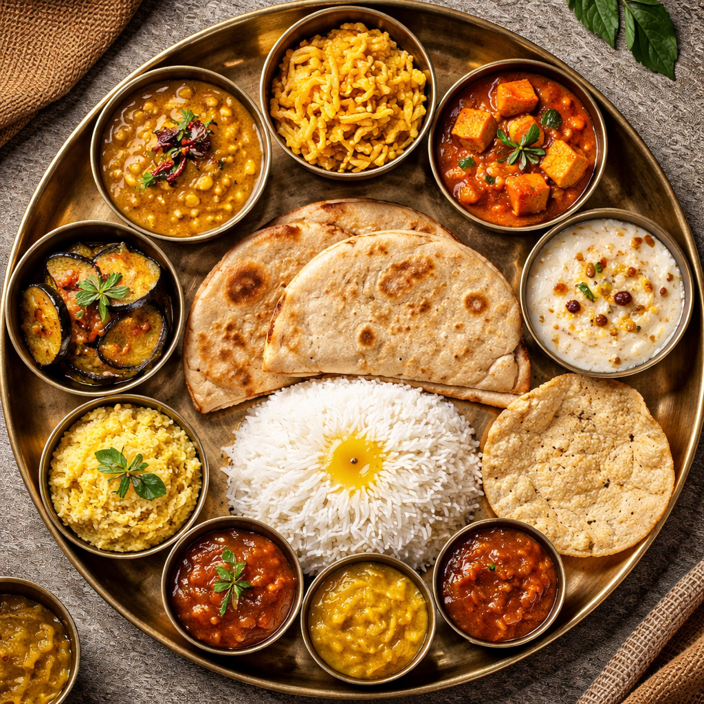 Roti, Dal, Bhaja, Sabji, Bishesh sabji, Chutney, Papad, Sweet/ Payesh