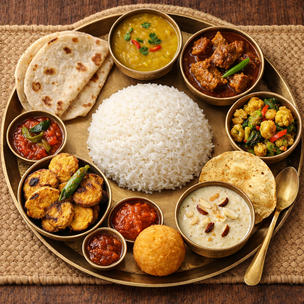 Bhat, Roti, Dal, Bhaja, Pathar jhol, Bishesh sabji, Chutney, Papad, Sweet/ Payesh