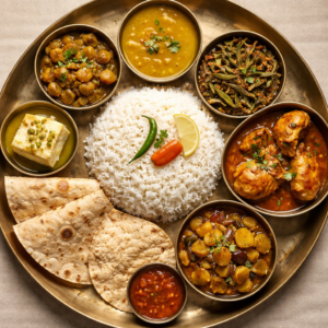 Bhat, Roti, Dal, Bhaja, Murgir jhol, Bishesh sabji, Chutney, Papad, Sweet/ Payesh