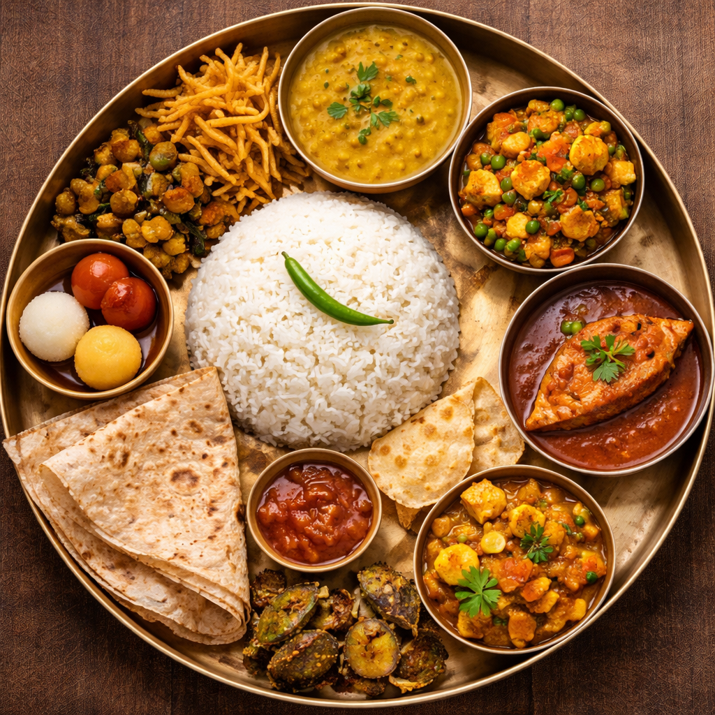 Bhat, Roti, Dal, Bhaja, Rui macher jhol, Bishesh sabji, Chutney, Papad, Sweet/ Payesh