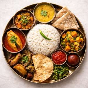 Bhat, Roti, Dal, Bhaja, Katla macher jhol, Bishesh sabji, Chutney, Papad, Sweet/ Payesh