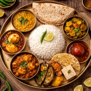 Bhat, Roti, Dal, Bhaja, Dimer jhol, Bishesh sabji, Chutney, Papad, Sweet/ Payesh