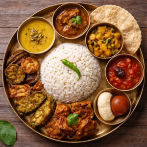 Bhat, Dal, Bhaja, Pathar jhol, Bishesh sabji, Chutney, Papad, Sweet/ Payesh