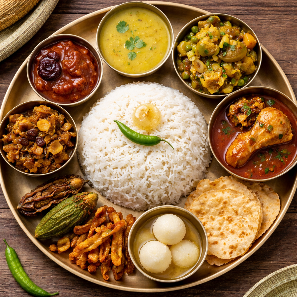 Bhat, Dal, Bhaja, Murgir jhol, Bishesh sabji, Chutney, Papad, Sweet/ Payesh