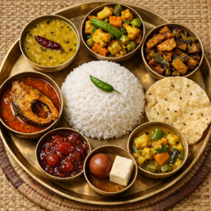 Bhat, Dal, Bhaja, Rui macher jhol, Bishesh sabji, Chutney, Papad, Sweet/ Payesh