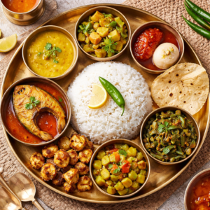 Bhat, Dal, Bhaja, Katla macher jhol, Bishesh sabji, Chutney, Papad, Sweet/ Payesh