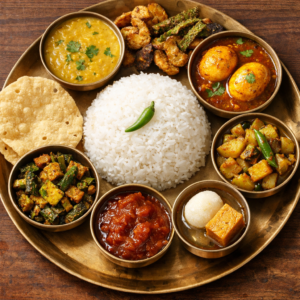 Bhat, Dal, Bhaja, Dimer jhol, Bishesh sabji, Chutney, Papad, Sweet/ Payesh