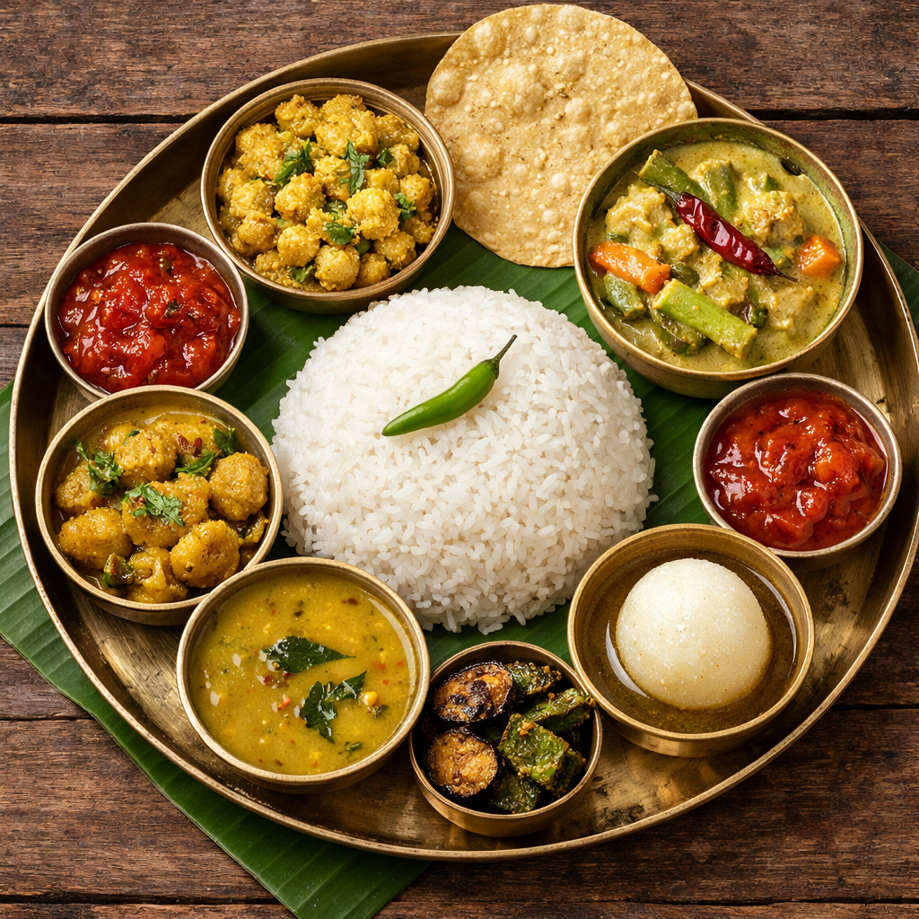 Bhat, Dal, Bhaja, SabjBishesh sabji, Chutney, Papad, Sweet/ Payesh