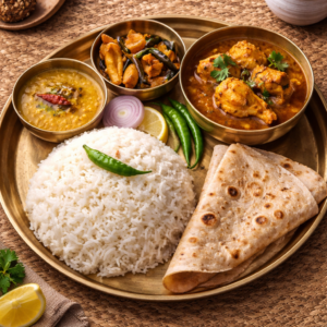 Bhat, Roti, Dal, Bhaja, Murgir Jhol