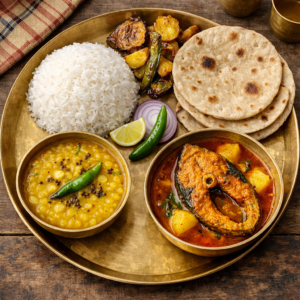 Bhat, Roti, Dal, Bhaja, Katla macher Jhol