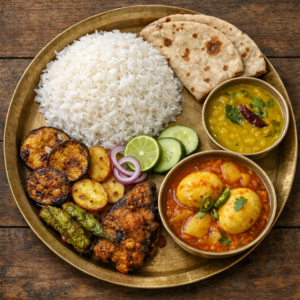 Bhat, Roti, Dal, Bhaja, Dimer Jhol