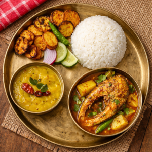 Bhat, Dal, Bhaja, Katla macher Jhol