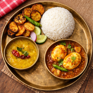 Bhat, Dal, Bhaja, Dimer Jhol