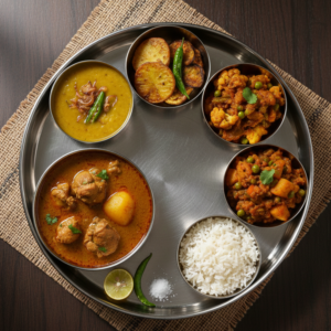 Bhat, Dal, Bhaja, Murgir Jhol