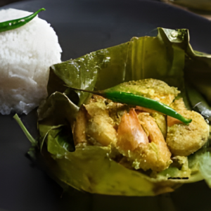 Chingri Macher Sorshe Paturi (Mustard-Steamed Prawn)