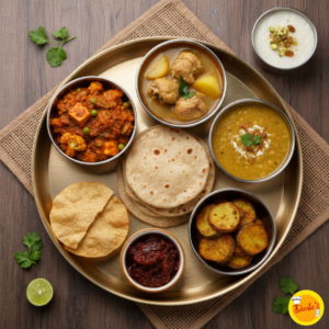 Roti, Dal, Bhaja, Murgir jhol, Bishesh sabji, Chutney, Papad, Sweet/ Payesh