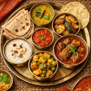 Roti, Dal, Bhaja, Pathar jhol, Bishesh sabji, Chutney, Papad, Sweet/ Payesh